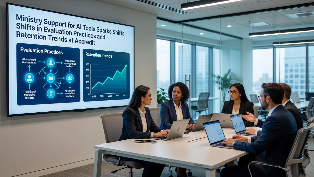 Students and faculty reviewing AI-generated analytics dashboards on a Polish campus